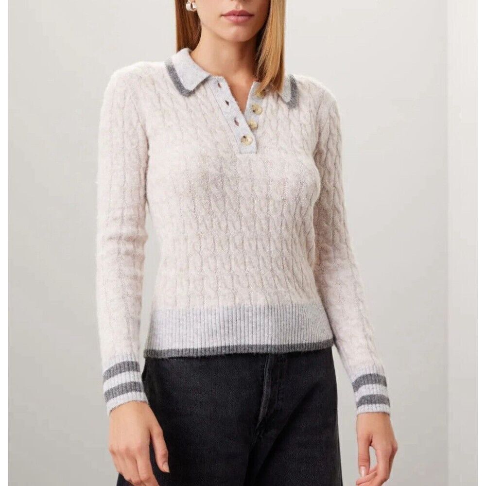 CENTRAL PARK WEST Sweater Women Medium Bobbie Polo Pullover Gray Cable Knit
